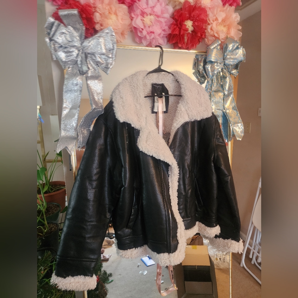 House of CB black vegan shearling aviator jacket